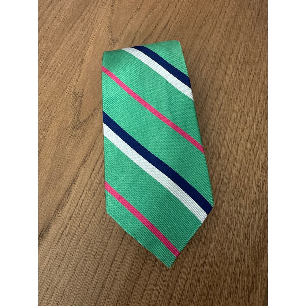 Polo Ralph Lauren Silk Tie Green Navy Pink White Striped Hand Finished Italy
